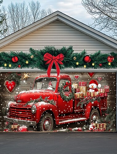  juledørdekorasjoner utendørs garasjedørdeksel julesnømann banner gårdshus stort julebakgrunn for ferie utendørs garasjedør hjem veggdekorasjoner lastebil