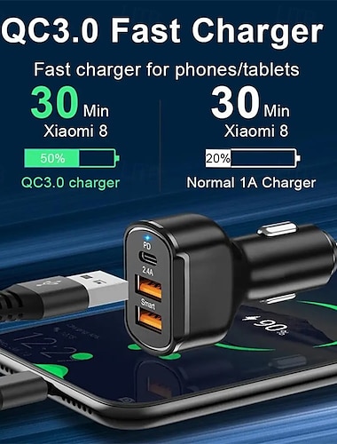  USB C 車載充電器 PD 車載充電器アダプター 3 ポート ミニ USB 車載充電器 30W 急速充電車載アダプター