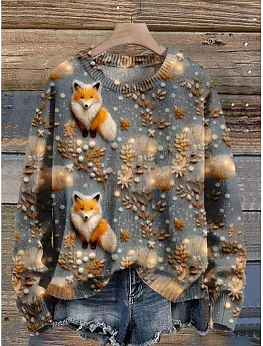  Damen Pullover Rundhalsausschnitt Gerippt Stricken Drop-Schulter Bedruckt Herbst Winter Standard Formal Wochenende Täglich Langarm Graphic Dunkelgray M L XL