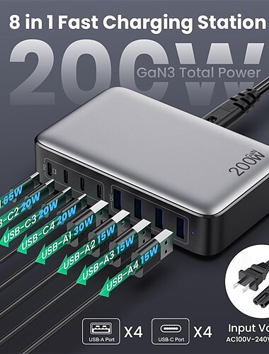  200w usb c laddare block gan 8-ports usb c snabbladdningsstation pps pd 65w laptop laddare adapter