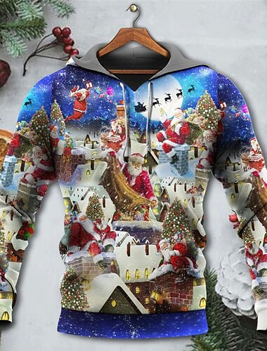  Sweat à capuche 3D pour homme avec scène de Noël et imprimé graphique bleu clair du Père Noël en coton moche