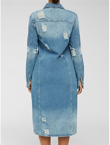  Damen Jeansjacke Outdoor Strasse Freizeitskleidung Herbst Winter Lang Mantel Regular Fit warm Atmungsaktiv Stilvoll Brautkleider schlicht Jacken Langarm Feste Farbe Mit Taschen Hellblau Marinenblau