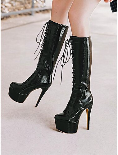  Kniehohe Stiefel aus rotem Lackleder mit Plateausohle und Schnürung für Damen – sexy Gothic-Stilettos für Clubwear, Cosplay und Party-Events