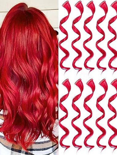  12 PCS Colored Hair Extensions for Kids, Curly Wavy Synthetic Hairpieces Clip in Rainbow Neon Party Highlights, Colorful Hair Accessories for Girls Women 17 Inch