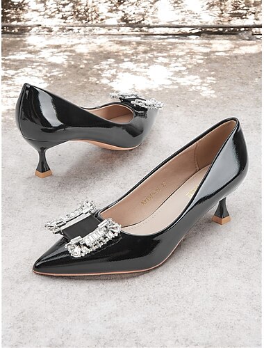  Schwarze Lackpumps für Damen mit kristallverzierter Schleife – elegante Kitten Heels mit spitzer Spitze für formelle Anlässe und Abendgarderobe