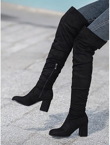  Overknee-Stiefel aus Wildlederimitat mit Blockabsatz für Damen – stylisches Slouchy-Design mit Reißverschluss für die Wintermode