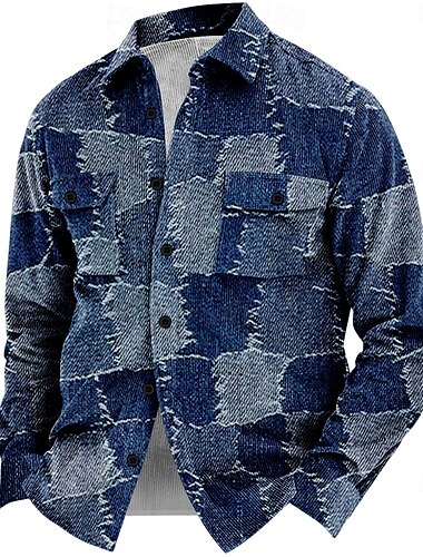  Herren Plaid Geometrische Muster Cord Hemd Hemdjacke Overshirt Langarm Vintage Brautkleider schlicht Formal Alltagskleidung Herbst Winter Umlegekragen Hemden mit Kragen Knopf 3D-Druck 2 Taschen 1pc
