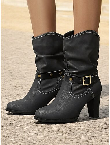  Rote Retro-Stiefel für Damen bis zur halben Wade – Kunstleder mit Schnallenriemen, klobiger hoher Absatz, perfekt für Freizeitkleidung und Outfits im Vintage-Stil