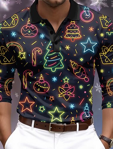  Kerstmis Voor heren Ster Kerstboom Poloshirts Golf Polo's Shirts Lange mouw Poloshirt Kraag Casual Vakantie Feestavondkleding Dagelijks gebruik Festival 3D-afdrukken Knop Lente Herfst winter Zwart