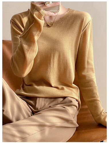  Damen Pullover Täglich Basic Feste Farbe Rundhalsausschnitt Strick Langarm Normale Oberteile Stricken Arbeit Weiß Kamel Herbst Winter