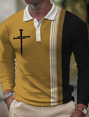 Herren Glaube Waffel-Poloshirts Langarm Polo-Shirts Kragen Vintage Lässig Urlaub Party-Abendmode Alltagskleidung Knöpfe 3D-Druck Frühling Herbst Winter Schwarz Gelb Blau