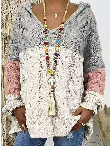  Mujer Pulóveres Suéter de punto Casual Suave Bloque de color Color puro Estriado Con Capucha De Punto Manga Larga Tops regulares Tejer Exterior Diario Fin de semana Blanco Albaricoque Otoño Invierno