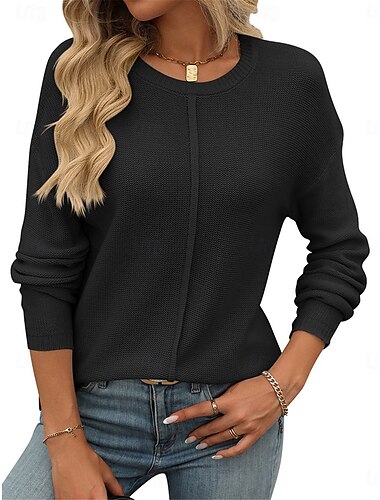  Damen Pullover Brautkleider schlicht Weich Einfarbig Gerippt Rundhalsausschnitt Strick Langarm Normale Oberteile Stricken Outdoor Täglich Wochenende Schwarz Grün Herbst Winter