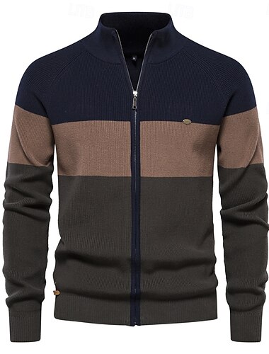  Herren Strickjacke Reißverschluss-Pullover Stricken Patchwork Reißverschluss Farbblock Rollkragen Strickware Elegant Schule Training Bekleidung Bischofsärmel Herbst Winter Marineblau Königliches Blau