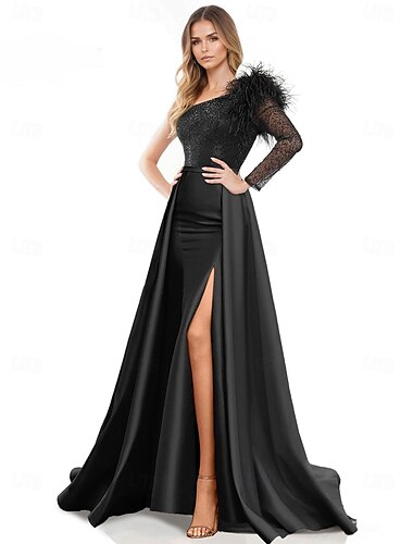 Abito Nero A-Line Abito da Sera Elegante Abito Formale Strascico  Coda Spazzola Manica Lunga Spalla Unica Tasche in Satin con Glitter di Piume