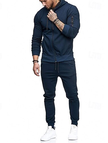  Men's Tracksuit 2 Piece Casual Fall Long Sleeve Breathable Soft Fitness Gym Workout Running Sportswear Activewear Solid Colored Dark Grey Black Army Green