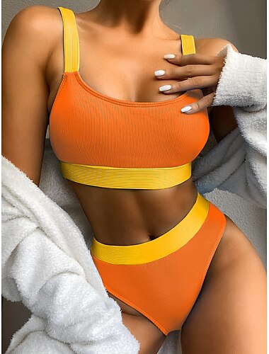  Damen Badeanzug Bikinis Bademode Urlaub Farbblock Trägerlos Badeanzüge