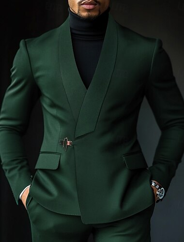  Trajes de boda de fiesta para hombres Trajes de regreso a casa Verde oscuro Sólido 2 piezas Moda Negocios Formal Ajuste estándar