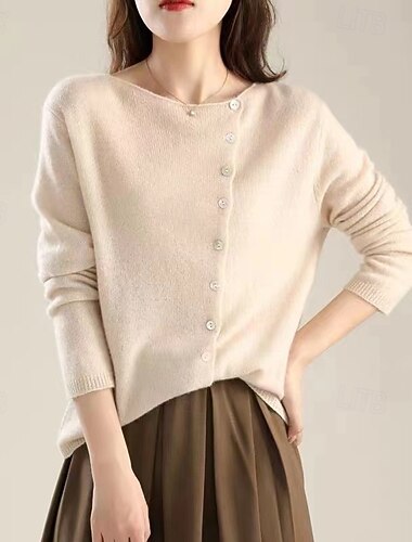  女性用 カーディガン エレガント ファッション 日常 純色 ファジー クルーネック ニット 長袖 レギュラートップス ニット ワーク ピンク ベージュ 秋 冬