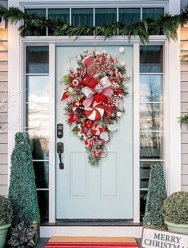  Christmas Garland Candy Flower Plant Upside Down Tree Wreath Xmas Upside Down Tree Garland Hanging Christmas Candy Bow Hanging Christmas Door Hanging Wall Decoration