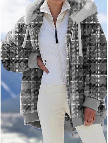  Damen Fleecejacke Teddy-Mantel Hoodie Jacke warm halten Atmungsaktiv Zip Tasche Bedruckt Pelzkragen Brautkleider schlicht Plaid Urlaub Strasse Freizeitskleidung Ausgehen Reisverschluss Standard