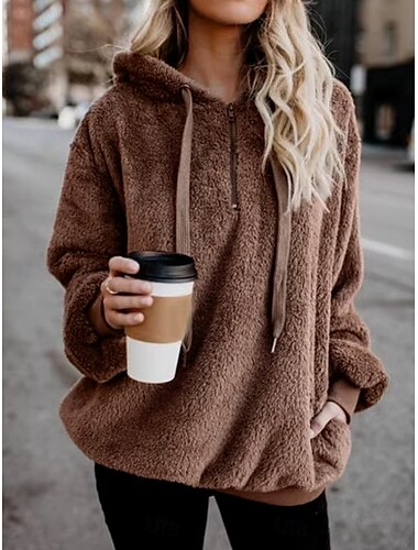  Mujer Plano Casual Manga Larga Sudadera Tops regulares Calle Uso Diario Cremallera Bolsillo Vino Marrón Verde Trébol Otoño Invierno