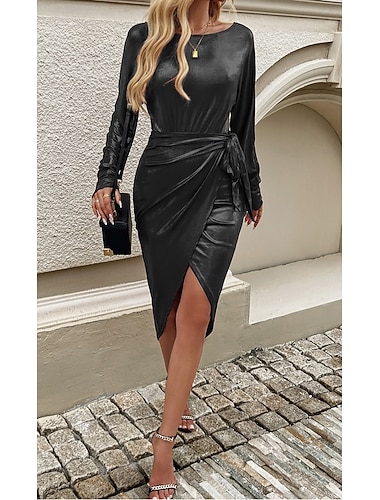  dames werkjurk zwarte jurk elegante mini-jurk split v-hals lange mouw effen losse pasvorm zwart lente herfst s m l xl