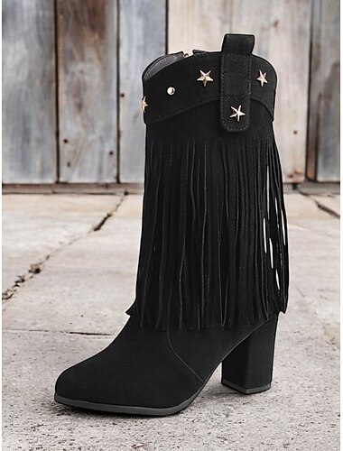 Damenstiefeletten aus Wildlederimitat mit Fransen und Sternnieten - Cowgirlstiefel im Westernstil mit Blockabsatz für Herbst und Winter