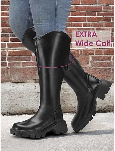  botas femininas extra largas de cano alto até o joelho – couro sintético preto confortável com sola resistente, perfeitas para aventuras ao ar livre e uso diário