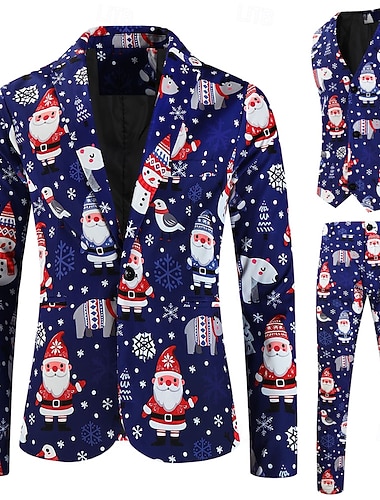  sötétkék férfi karácsonyi mikulás öltöny nyomtatott 3 részes karácsonyi szabású egymellű egygombos 2024