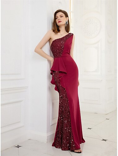  Vestido de noche elegante de sirena, vestido formal largo hasta el suelo, sin mangas, con un hombro al descubierto y bolsillo en crepe elástico con lentejuelas brillantes 2025