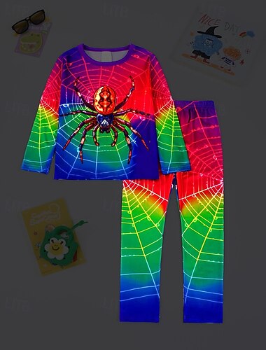  男の子 3D グラフィック SPIDER パジャマセット Tシャツ&パンツパジャマセット 長袖 3Dプリント 秋 冬 活発的 ベーシック 子供 4年以上 クルーネック 家 日常 レギュラー