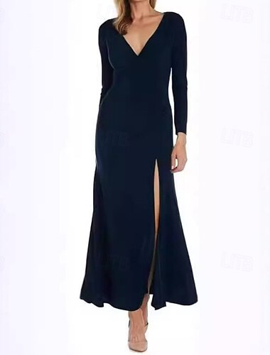  robe noire Robe de bal Femme Robe Maxi Couleur unie Mode Soirée Soirée Fendu manche longue Col V Robe Standard Vert militaire Noir Bleu Roi Automne S M L XL XXL