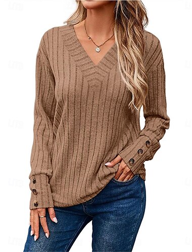  Damen Hemd Bluse Feste Farbe Basic Brautkleider schlicht Langarm V Ausschnitt Normale Oberteile Täglich Knopf Schwarz Fuchsie Braun Grau Herbst Winter