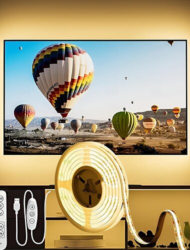  Tira de luces LED COB con USB, luz de fondo de TV regulable de 1 a 3 m, 300 LED/m, CRI85 con control remoto RF, cinta de luz flexible para dormitorio, cocina, iluminación debajo de gabinetes
