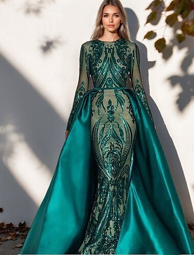  robe de soirée verte en satin élégante, longueur au sol, manches longues, col bateau, amovible, avec imprimé floral, appliques fendues, 2025
