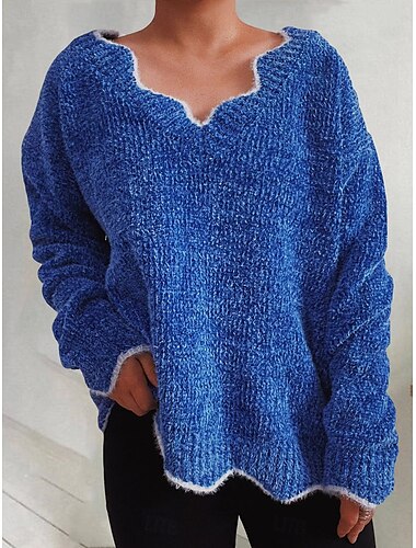  Damen Pullover Brautkleider schlicht Weich Einfarbig Gerippt V Ausschnitt Strick Langarm Normale Oberteile Stricken Outdoor Täglich Wochenende Blau Grün Herbst Winter