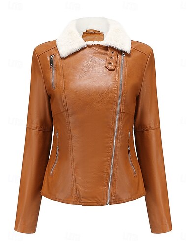  Damen Lederjacke Kunstlederjacke Fleecejacke warm halten Atmungsaktiv Zip Tasche Innenfutter aus Fleece Brautkleider schlicht Glatt Urlaub Strasse Freizeitskleidung Ausgehen Reisverschluss Kurz