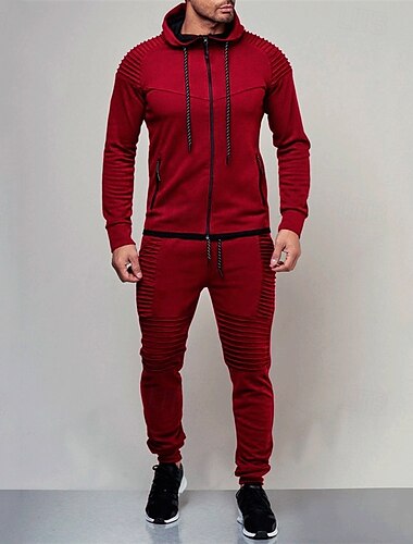  Herren Trainingsanzug Jogginganzug 2 teilig Full Zip Casual Herbst Langarm Atmungsaktiv Weich Fitness Fitnesstraining Laufen Sportbekleidung Sportkleidung Einfarbig Dunkelgrau Schwarz Wein