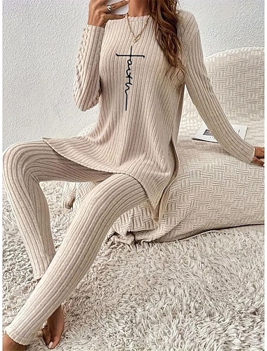  Damen-Pyjama-Set mit Buchstaben, lässiger Wohnkomfort, warmer Rundhalsausschnitt, langärmelige Pulloverhose, elastische Taille, Herbst-Winter-Home-Outfits