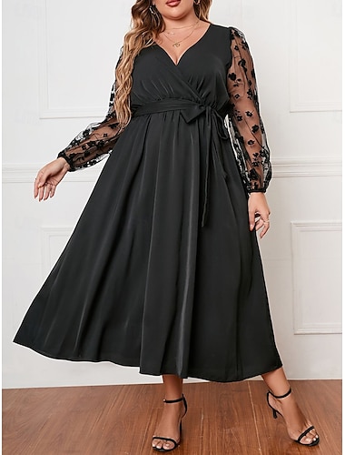  Damen Übergröße Kurve Casual kleid Schaukelkleid A Linie Kleid Feste Farbe kleid lang Langarm Spitze Patchwork V Ausschnitt Modisch Outdoor Schwarz Herbst XL 2XL 3XL 4XL