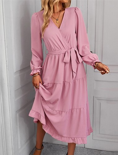  Damen Casual kleid Midikleid mit Schnürung Rüsche Brautkleider schlicht V Ausschnitt Langarm Schwarz Rosa Rote Farbe
