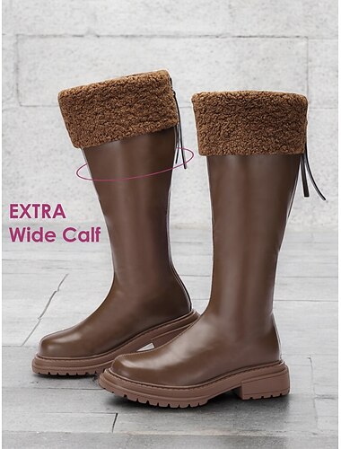  botas femininas extra largas, marrom, cano alto, com punho de pele sintética – calçado de inverno aconchegante com sola resistente para conforto ao ar livre