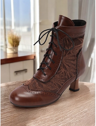  Damenstiefeletten im viktorianischen Stil mit Spitzendesign und Kunstlederakzenten – Vintage-Schnürschuhe für Freizeit- und Kostümanlässe
