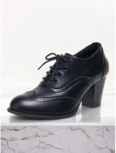  sapatos oxford vintage femininos com cadarço brogue – sapatos sociais de salto bloco de couro sintético marrom para ocasiões formais e casuais