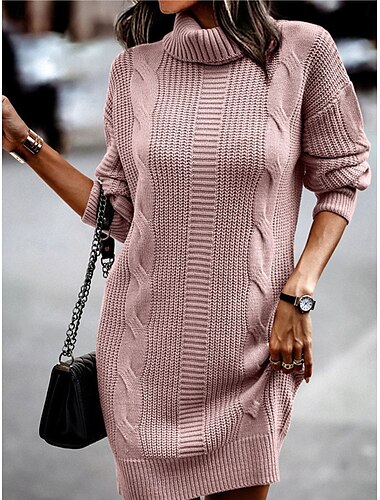 Damen Pullover Kleid Brautkleider schlicht Weich Einfarbig Gedrehtes Rollkragen Strick Langarm Lange Oberteile Stricken Outdoor Täglich Wochenende Rosa Khaki Herbst Winter