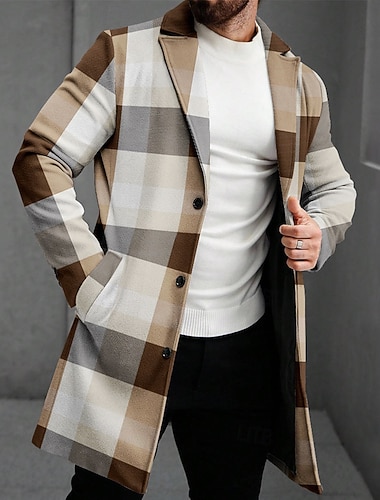  Voor heren Ruitjes Winterjas Fleecejack Overjas Warmte-isolerend Comfortabel Zakelijk Casual Formeel Alledaagse kleding 3D-afdrukken Knop Voorvak Winter Strijkijzer Lange mouw Bruin