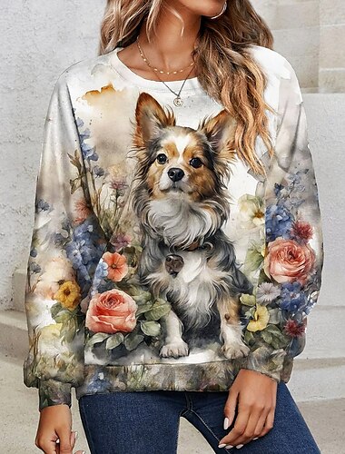  Suéter de mujer con estampado floral de perro, ropa de uso diario, informal, a la moda, cuello redondo, manga larga, microelástico, otoño e invierno, cómodo, transpirable, tejido suave