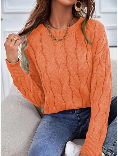  Femme Pull Chandail Pull Décontractées Flexible Couleur monochrome torsadé Col Ras du Cou Tricoté manche longue Hauts réguliers Tricoter Extérieur du quotidien Fin de semaine Orange Kaki Automne Hiver