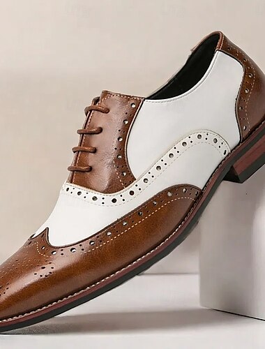  Zapatos Oxford con punta de ala en marrón y blanco para hombre, zapatos de vestir vintage de cuero genuino inspirados en Gatsby para fiestas, bodas y eventos formales de la década de 1920.